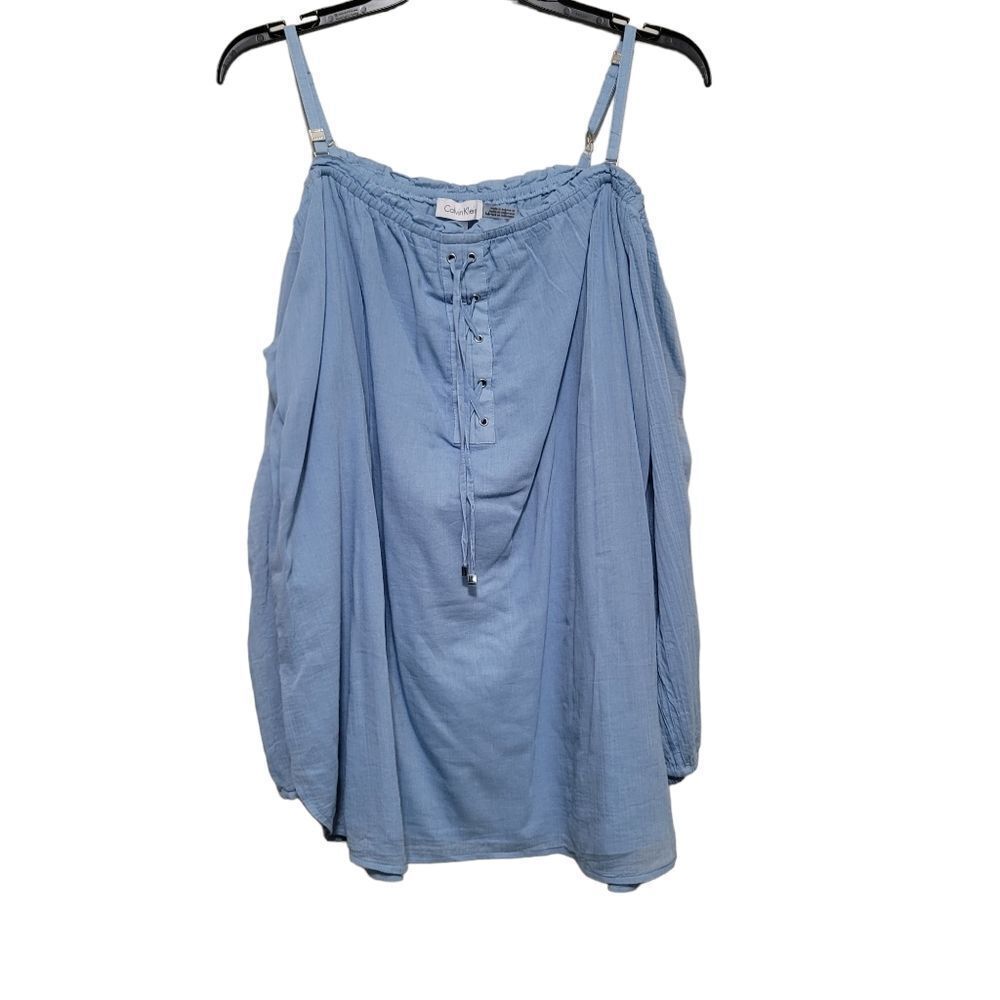 Calvin Klein Chambray Cold Shoulder Trap Blouse L